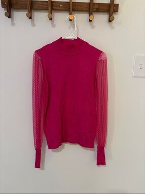 Cato Hot Pink Mock Neck Sweater with Sheer Dot Sleeves